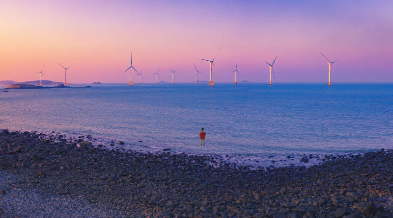 海上风车与落日图片