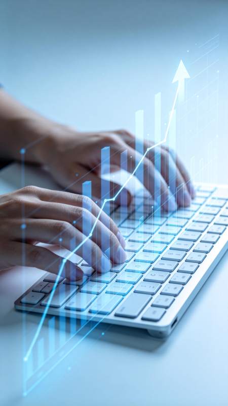 双手在键盘上操作叠加上升趋势图表图片