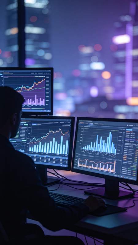 夜间办公室内人员操作三屏金融数据分析图片