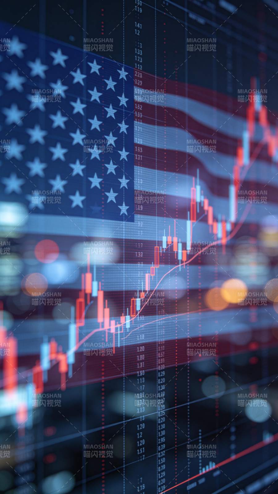 美国国旗背景下的股票K线走势图表图片