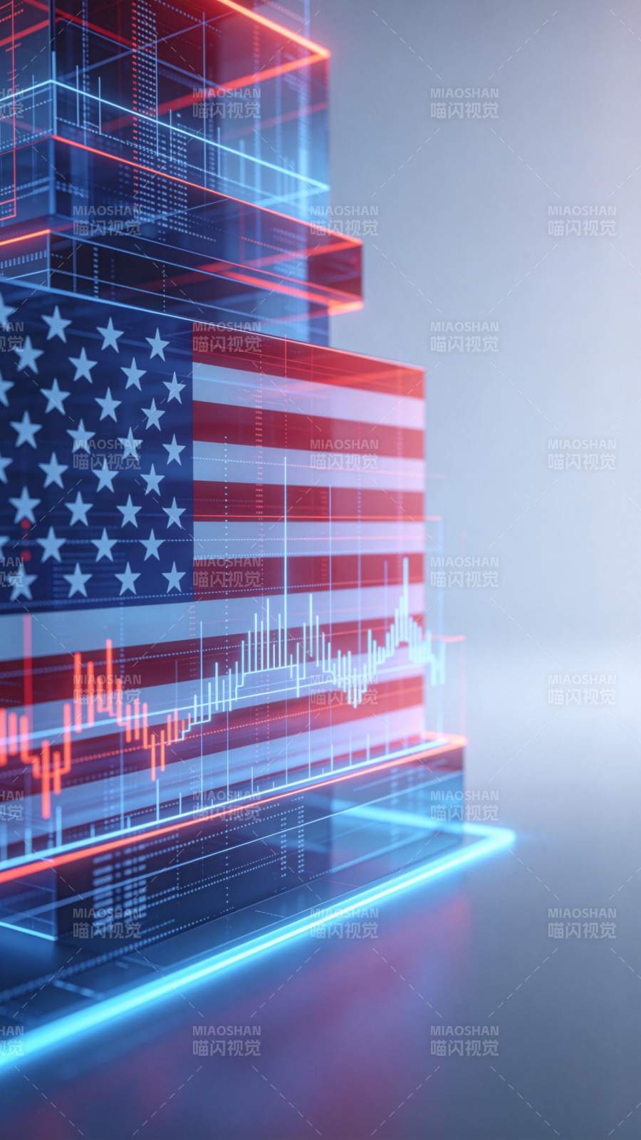 美国国旗与金融数据图表的科技化叠加呈现图片