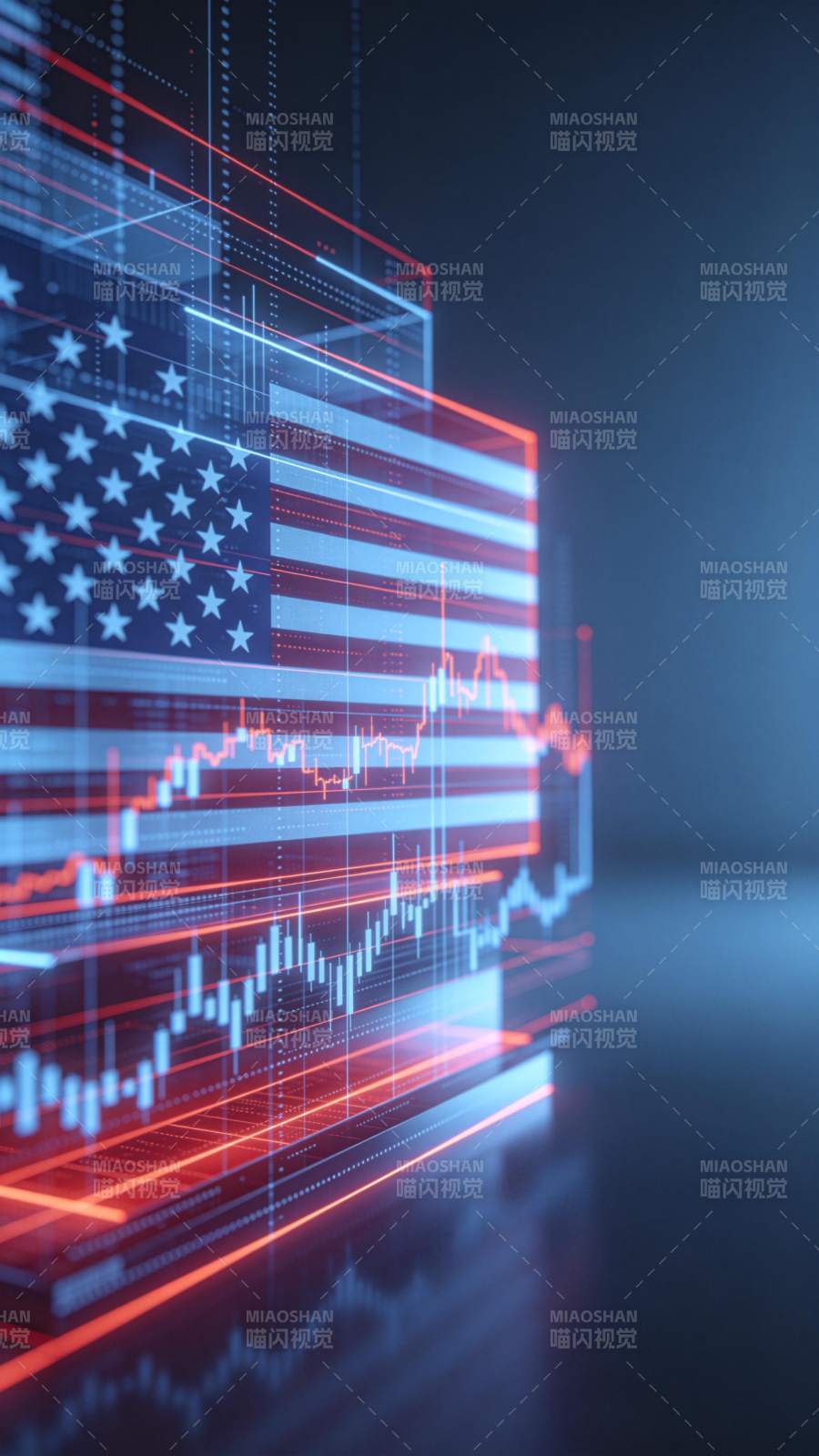 美国国旗与金融数据图表叠加的科技视觉效果图片