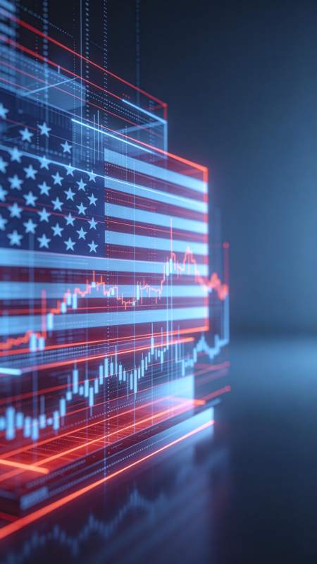 美国国旗与金融数据图表叠加的科技视觉效果图片
