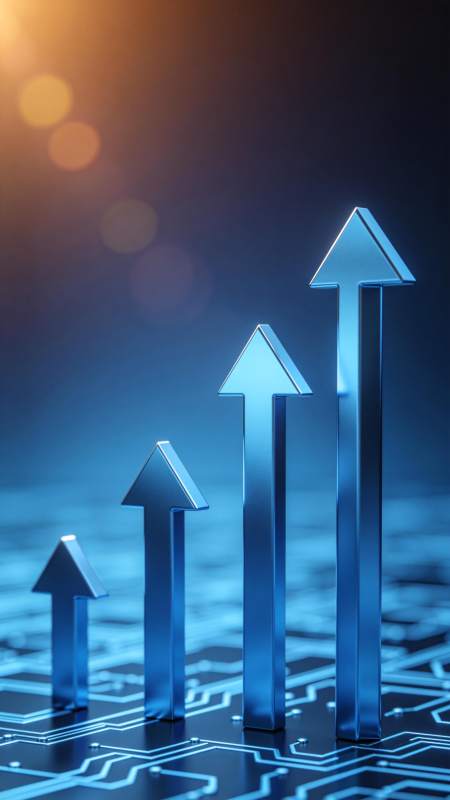 蓝色金属箭头立于电路板上呈上升趋势图片