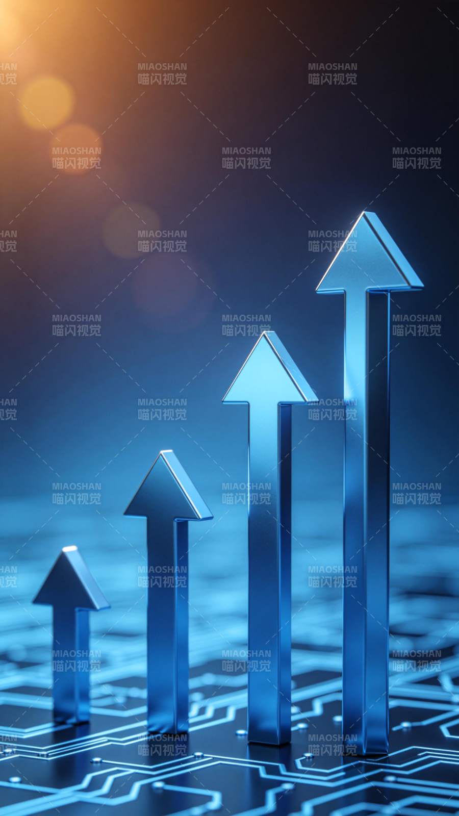 蓝色金属箭头立于电路板上呈上升趋势图片