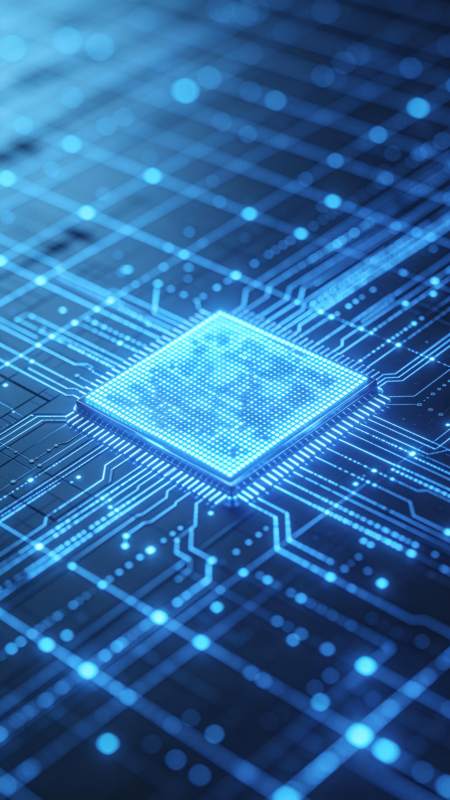 蓝色发光集成电路芯片与电路板特写图片