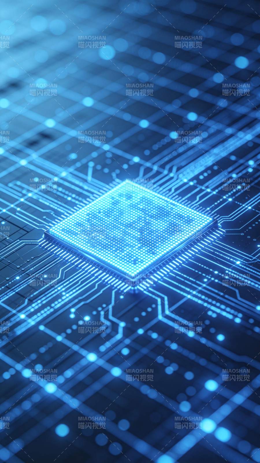 蓝色发光集成电路芯片与电路板特写图片