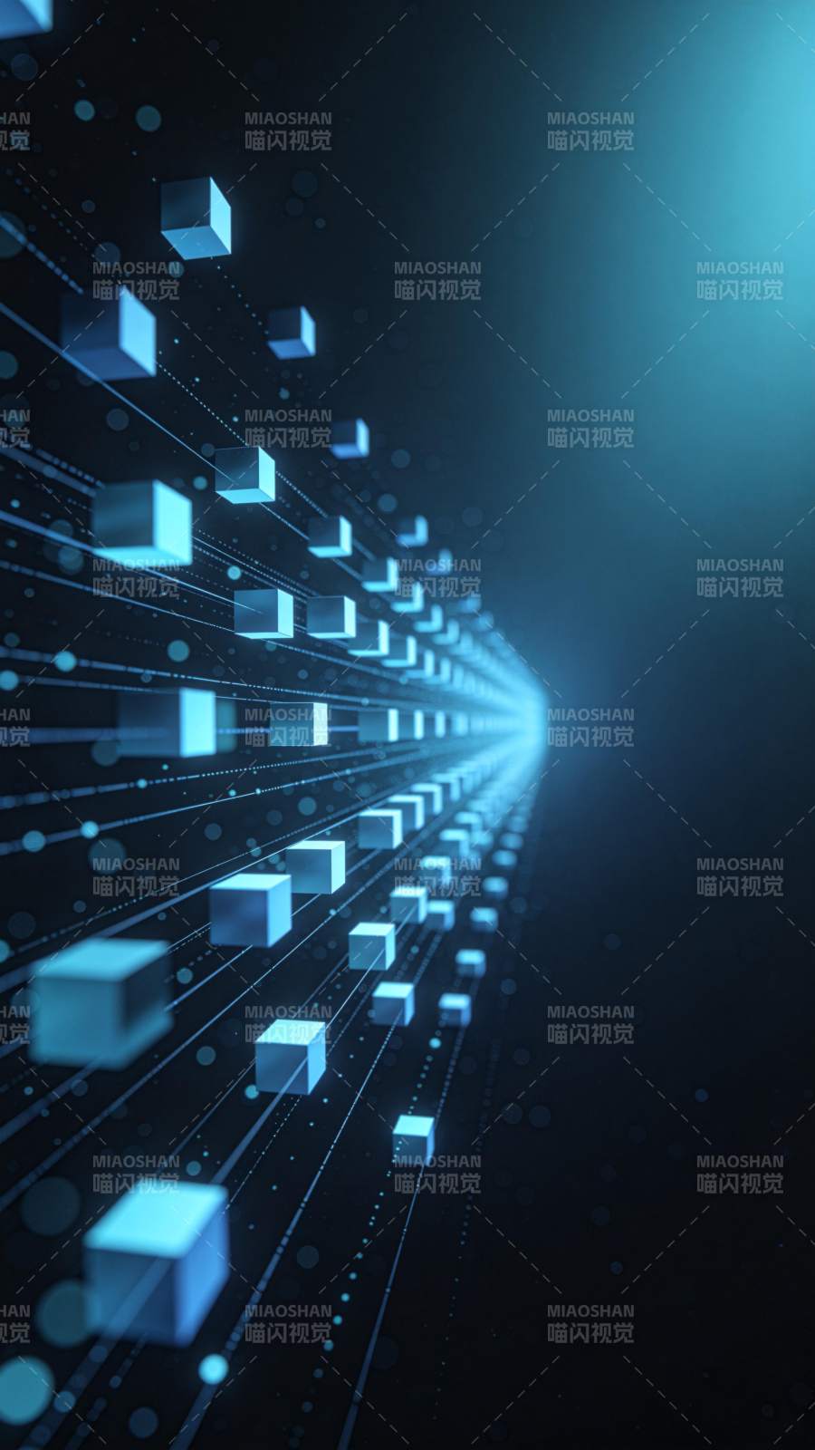 蓝色立方体数据流在深空通道中延伸图片