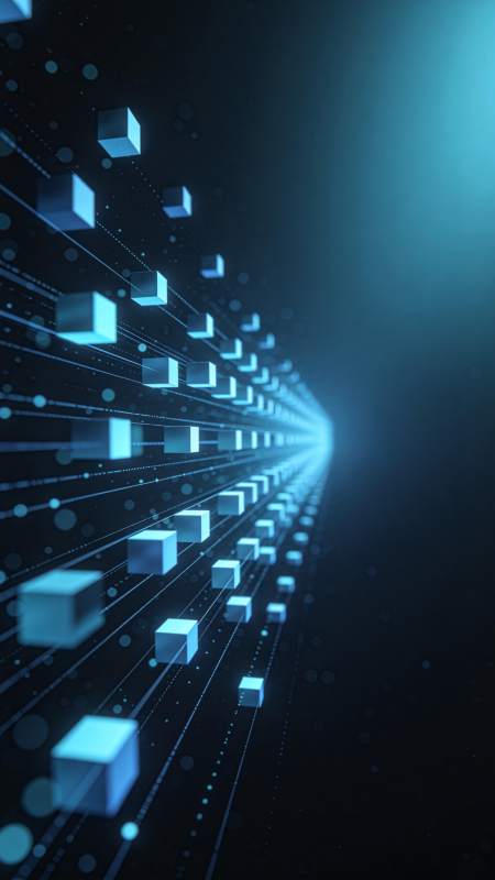 蓝色立方体数据流在深空通道中延伸图片