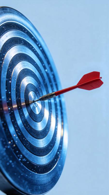 红色飞镖精准命中金属靶心特写图片