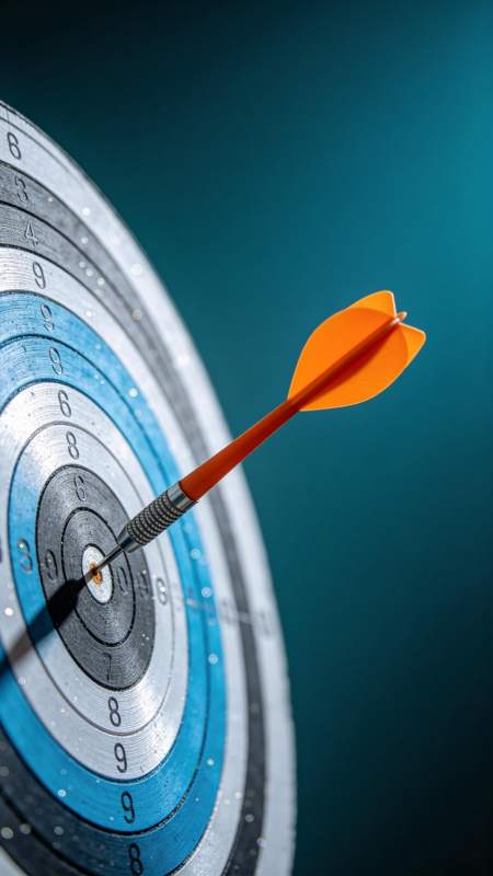 橙色飞镖精准命中靶心特写图片