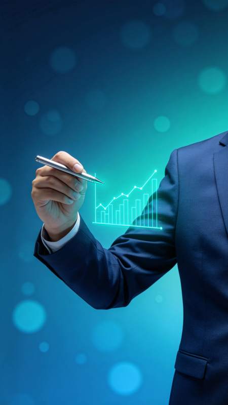 商务人士手持钢笔绘制增长趋势图表图片