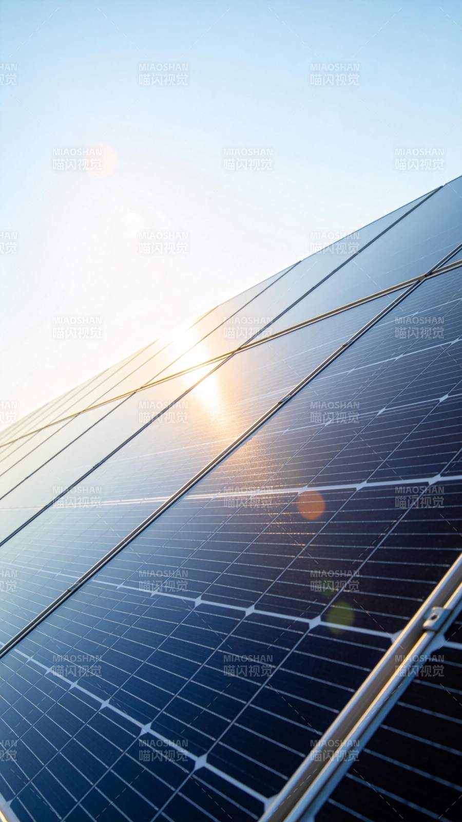 阳光照射下的太阳能电池板阵列图片