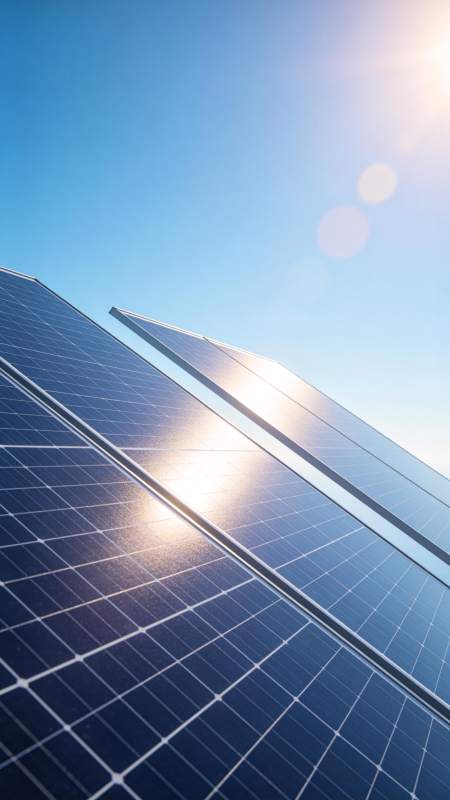 阳光照射下的蓝色太阳能电池板阵列图片