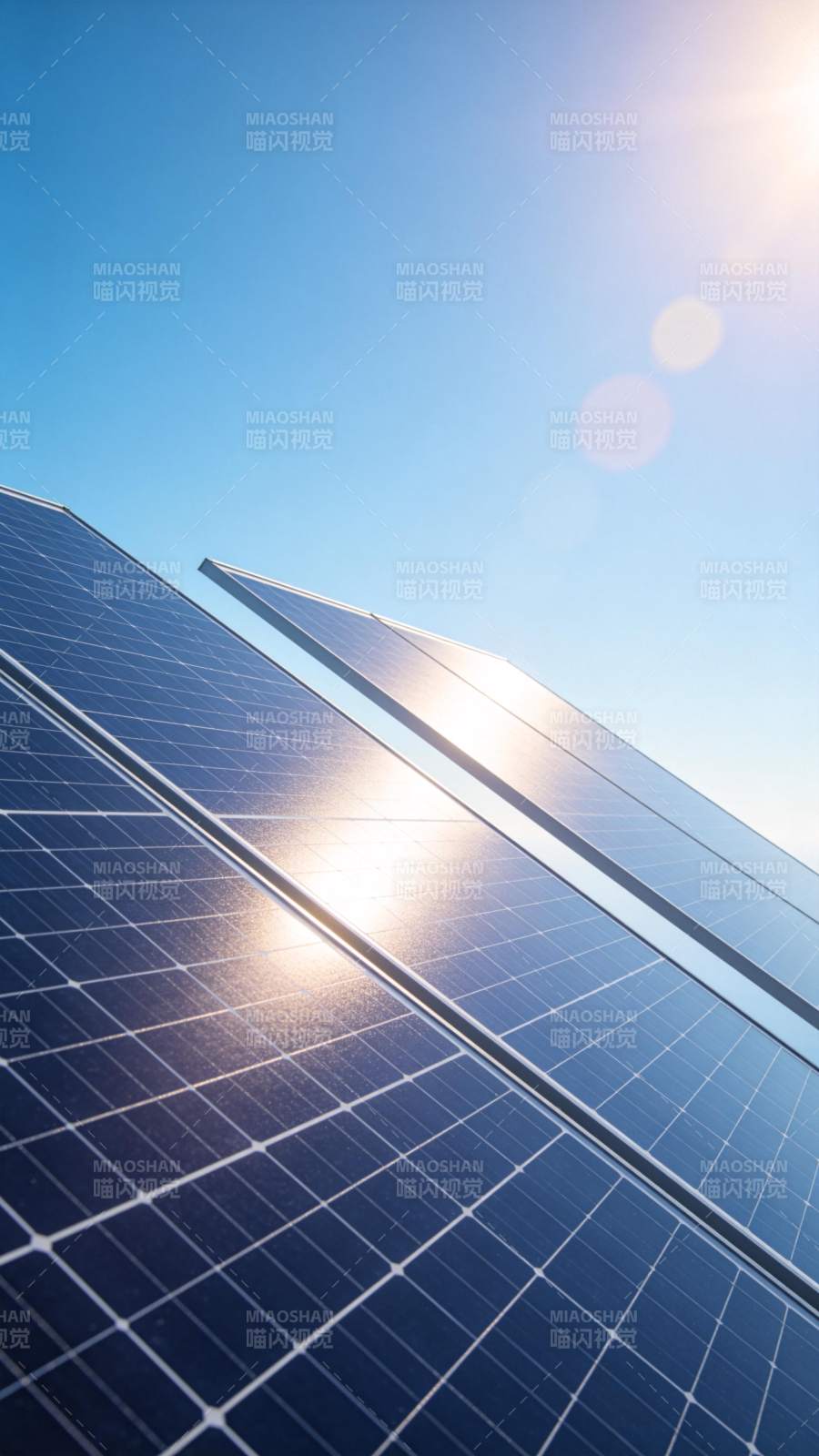 阳光照射下的蓝色太阳能电池板阵列图片