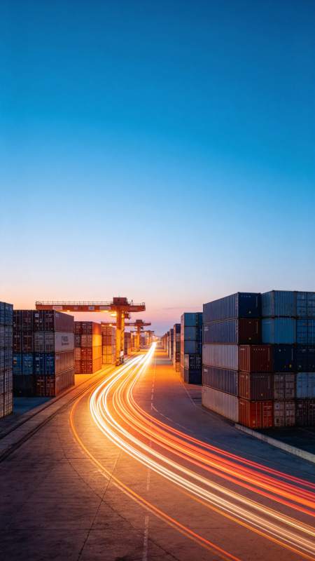 港口集装箱堆场夜景车流光轨延展图片