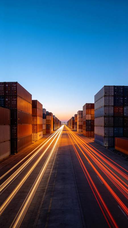 集装箱堆场中车灯轨迹延伸至天际线图片