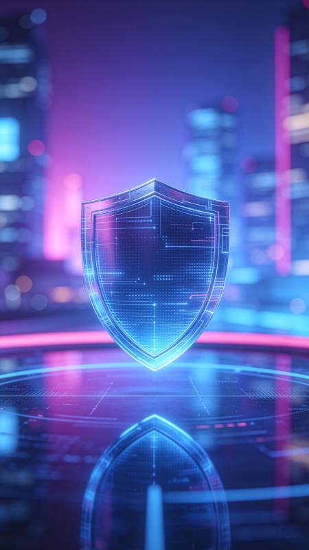 蓝色科技盾牌悬浮于霓虹城市背景中图片