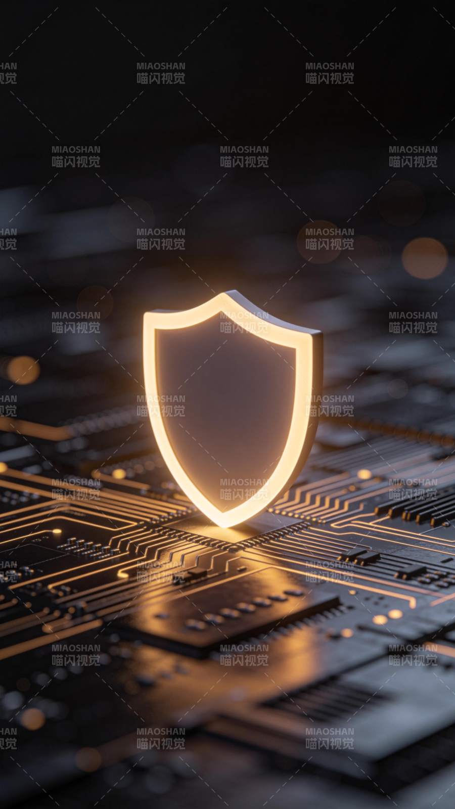 发光盾牌置于电路板上的科技安全象征图片