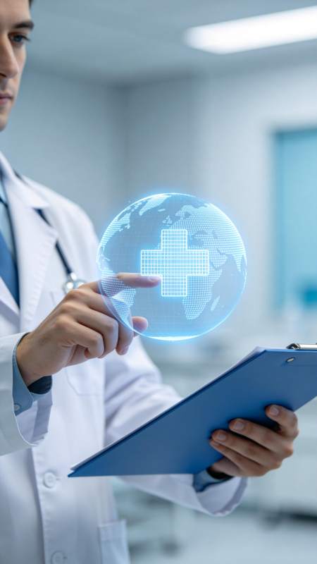 医生操作全息地球医疗符号影像图片