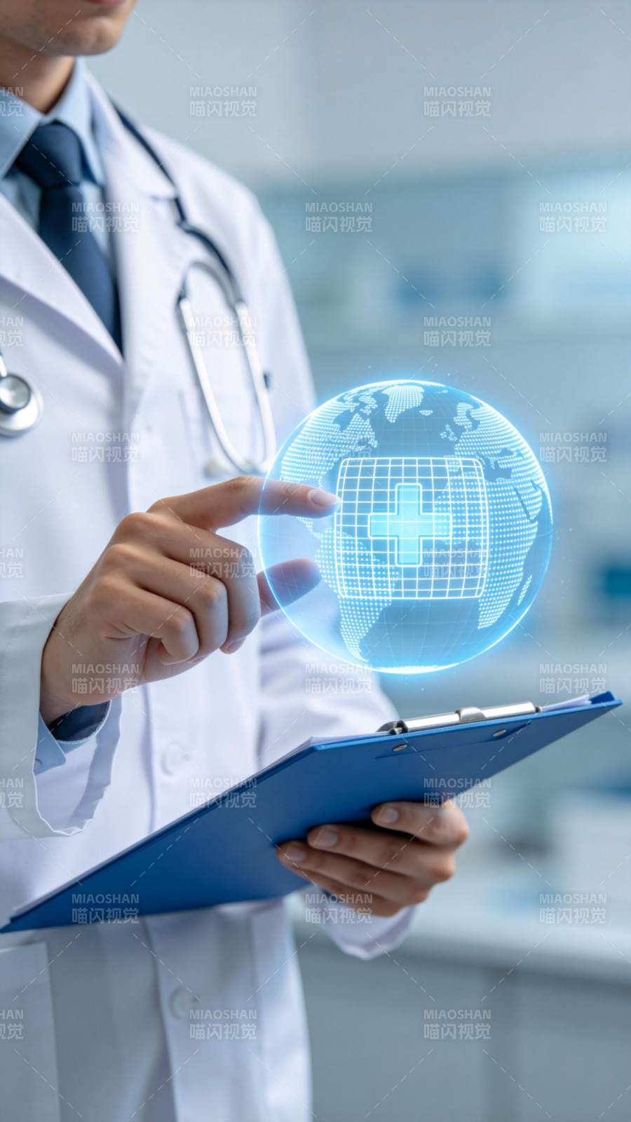 医生操作全息地球医疗图标交互界面图片
