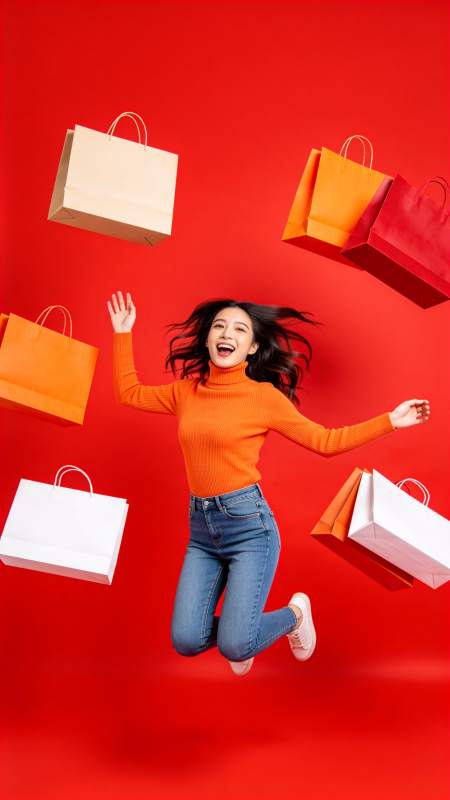 女子跳跃中被多个购物袋环绕的欢乐瞬间图片