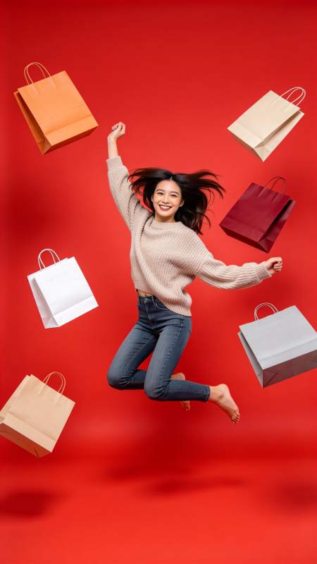 女子跳跃中购物袋飞散红色背景图片