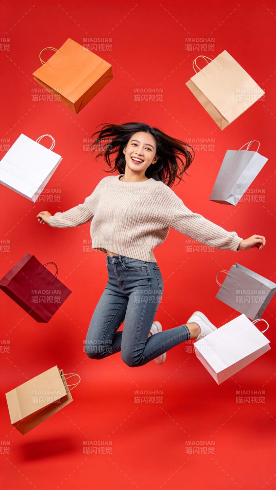 年轻女性跳跃中 surrounded 购图片