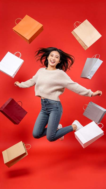 年轻女性跳跃中 surrounded 购图片