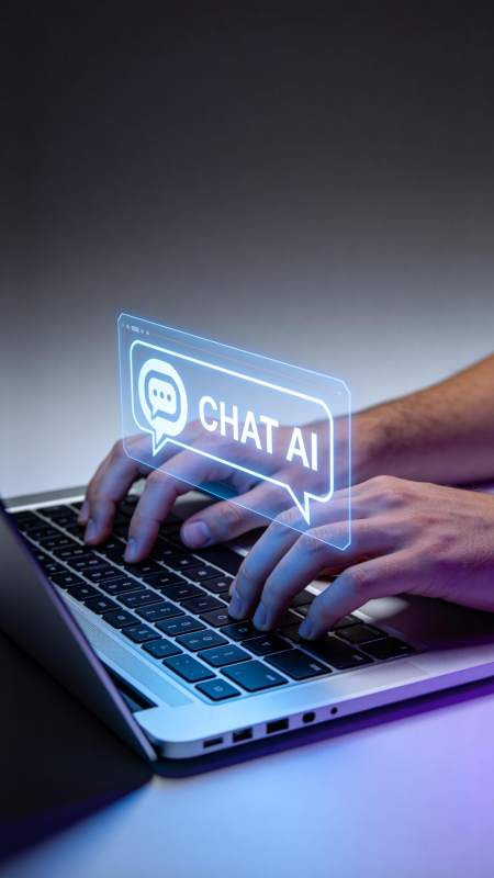 双手在笔记本电脑上操作AI聊天界面图片