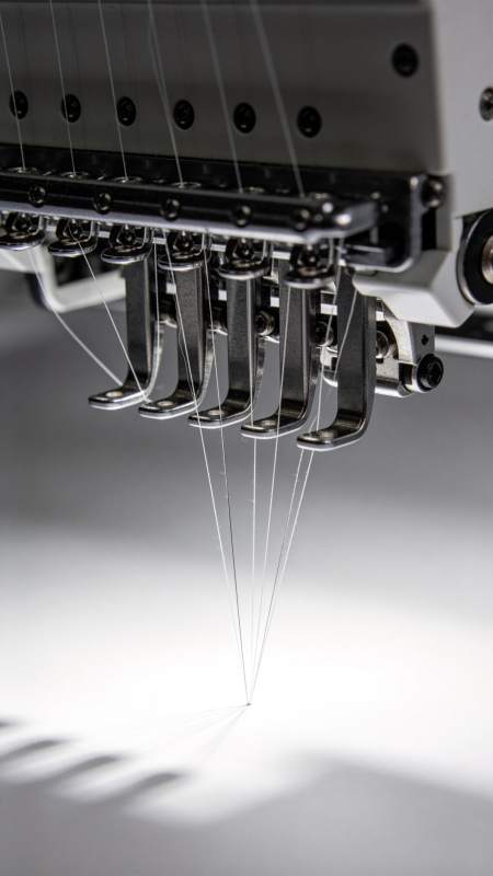 工业绣花机多针头同步刺绣作业特写图片