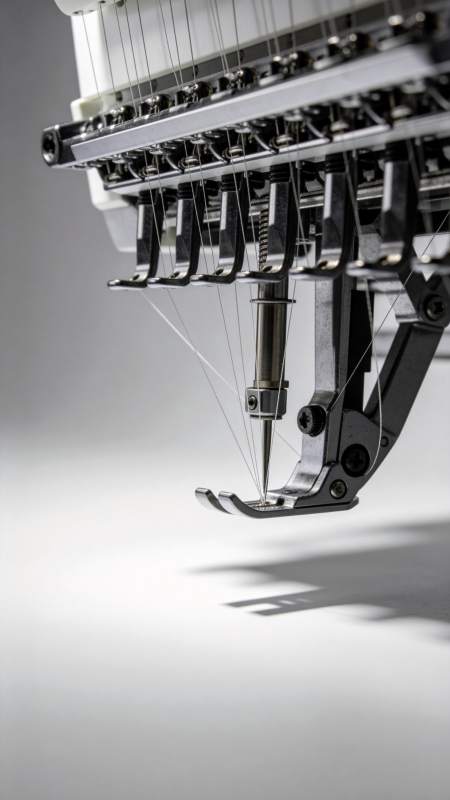 工业绣花机针头与线架特写细节图片