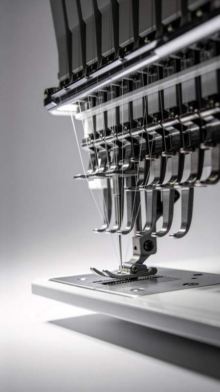 工业级多头刺绣机针杆与线轨特写图片