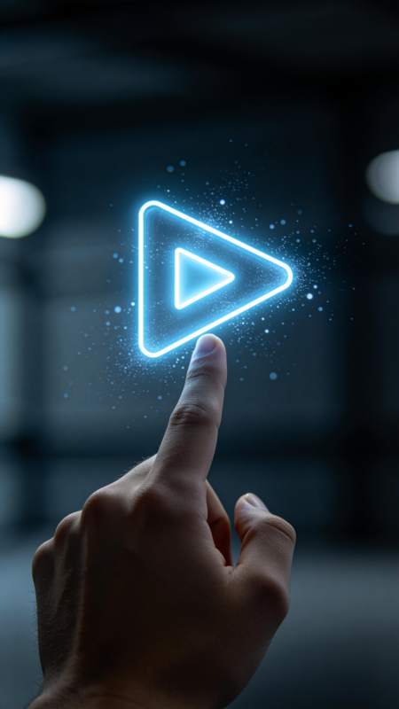 手指触碰发光蓝色播放按钮图标图片