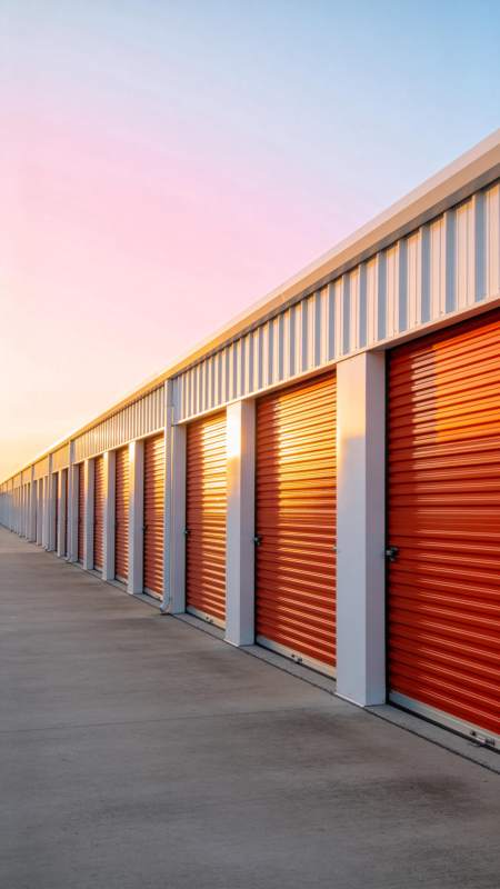 夕阳下排列整齐的橙色卷帘门储物单元图片