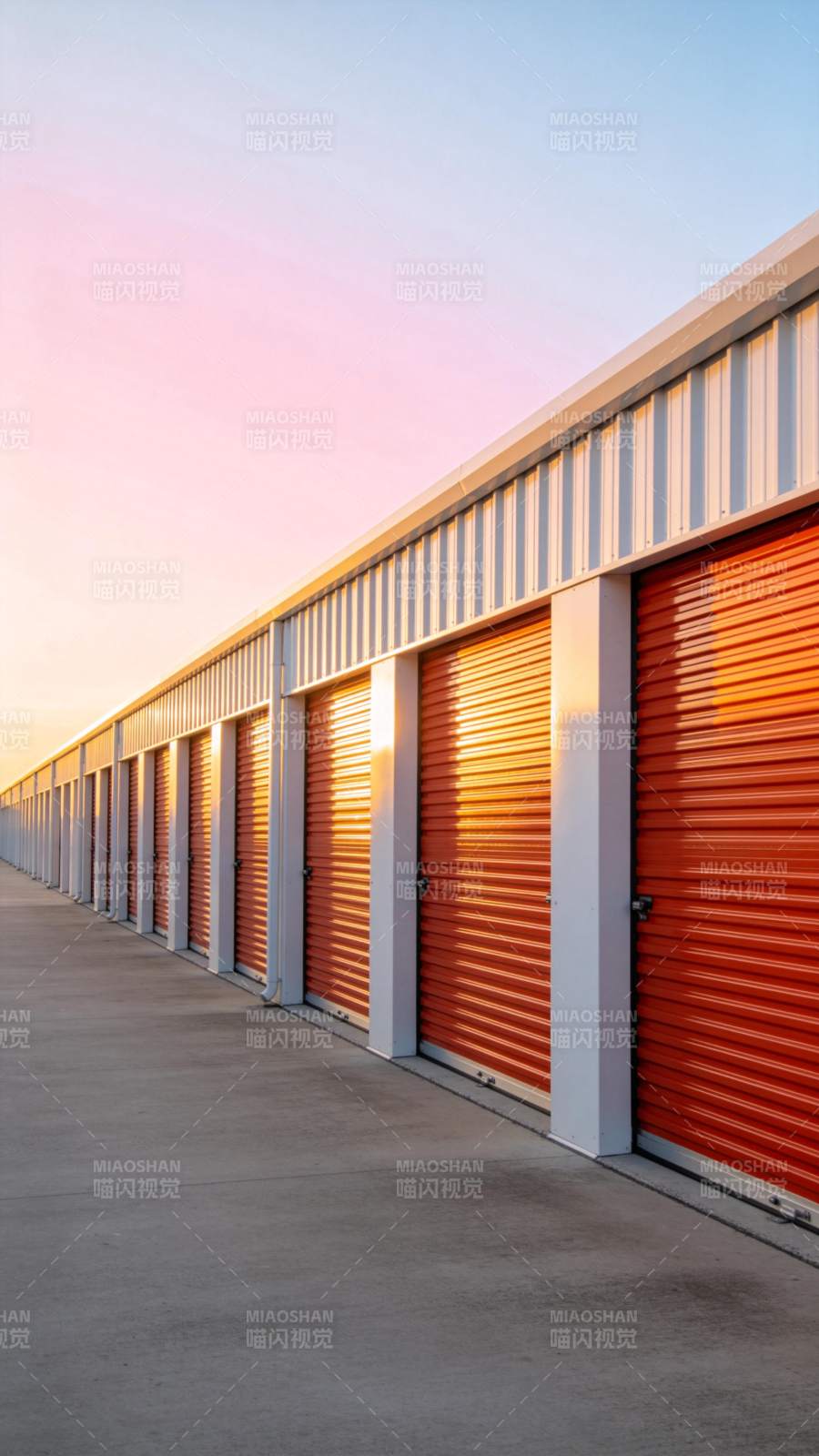 夕阳下排列整齐的橙色卷帘门储物单元图片