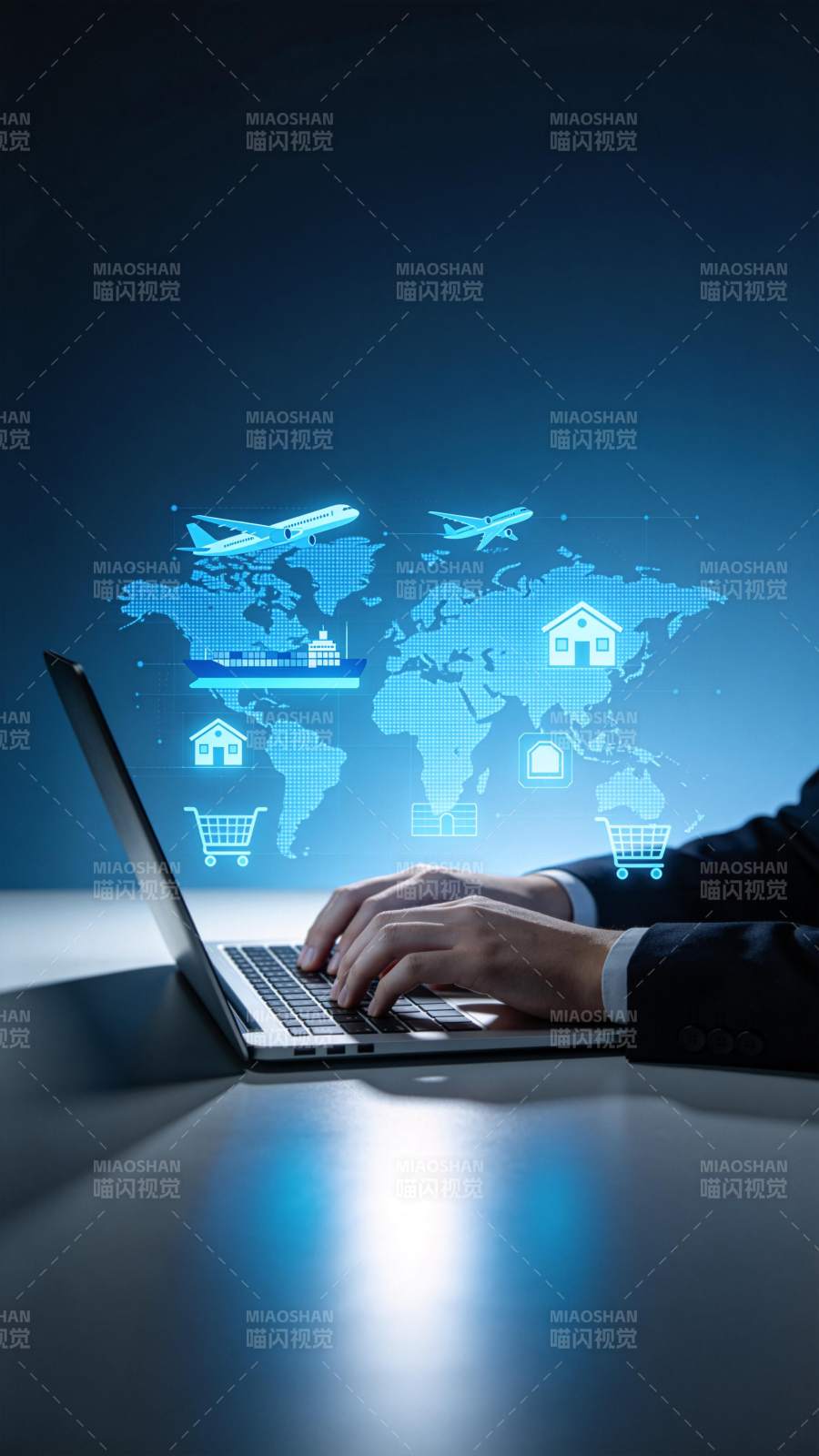 商务人士使用笔记本电脑连接全球网络服务图片