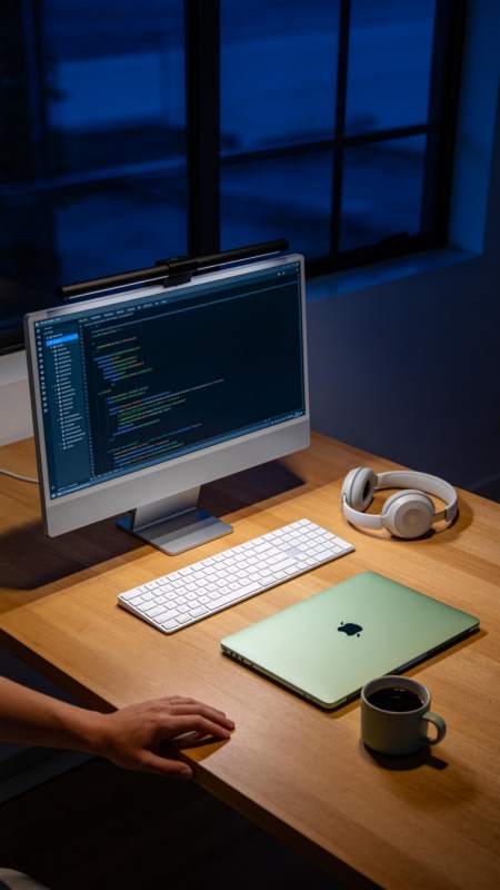 夜晚办公桌上的编程工作场景图片