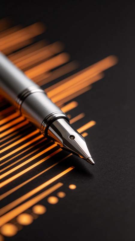 钢笔置于橙色线条背景上的特写画面图片