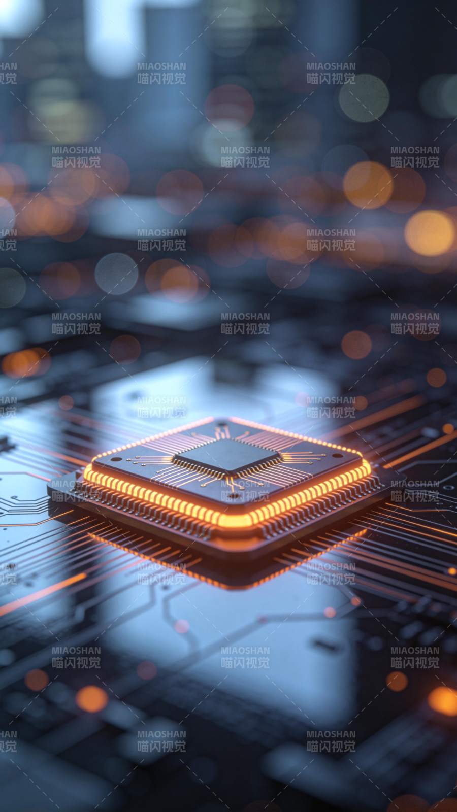 发光芯片置于电路板上的科技特写图片