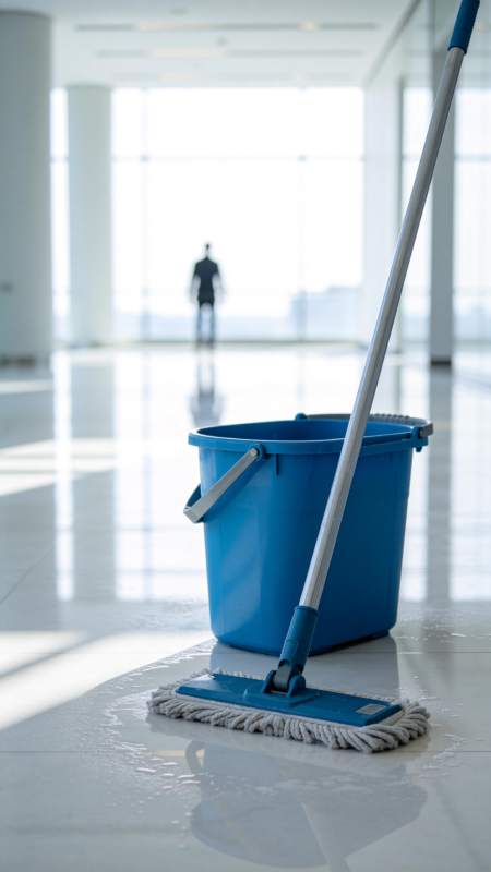 蓝色拖把水桶置于光洁走廊地面图片