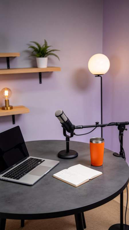 圆形桌上的麦克风笔记本电脑与台灯布置图片