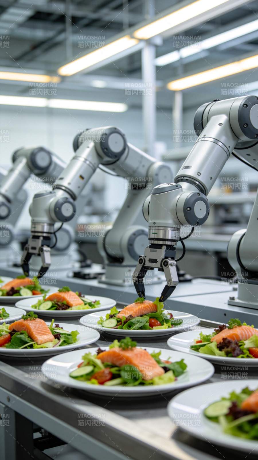 多台机械臂在流水线上精准摆盘沙拉图片