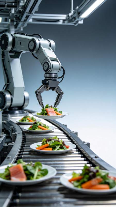 机械臂在传送带上精准摆放沙拉餐盘图片