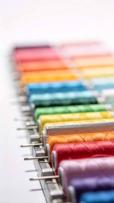 彩色缝纫线整齐排列在金属架上图片