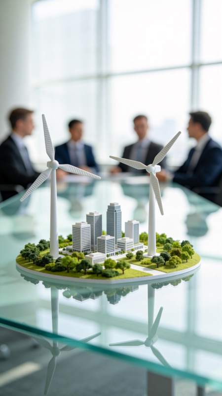 会议室中风力发电与城市模型沙盘展示图片