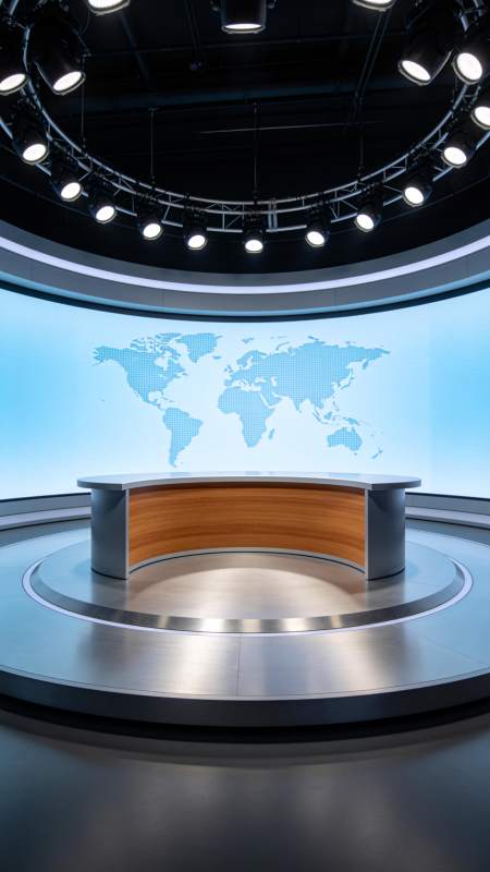 现代新闻演播室圆形播报台与世界地图背景图片