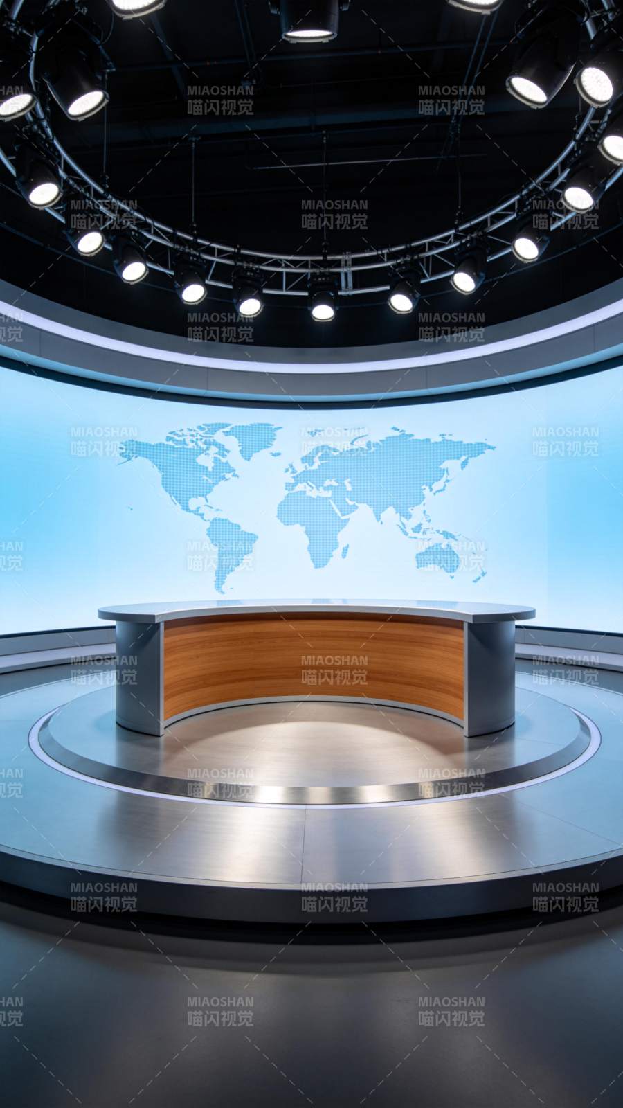 现代新闻演播室圆形播报台与世界地图背景图片