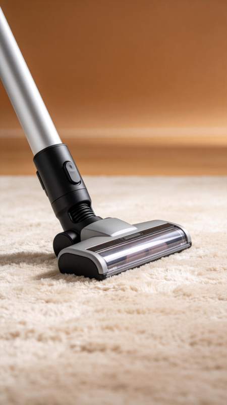手持吸尘器在浅色地毯上清洁作业图片