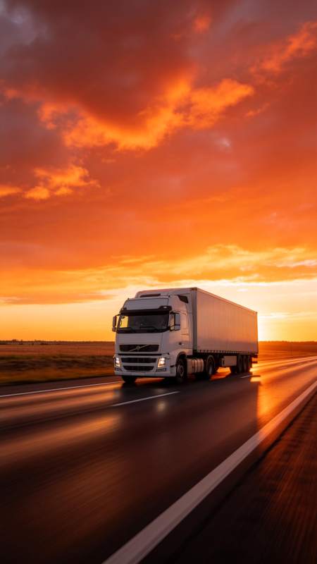 夕阳下白色货车行驶在高速公路上图片